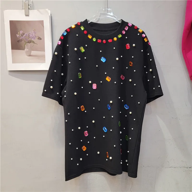 

2024 Summer European Goods New Heavy Diamond Hand Beaded Loose Figure Flattering Round-Neck Short Sleeve T-shirt Female Tops