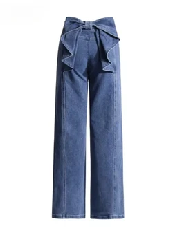 HOUZHOU Sweet Bow High Waist Jeans for Women Y2k Blue Vintage Aesthetic Straight Denim Trousers Korean Fashion Casual Baggy Jean