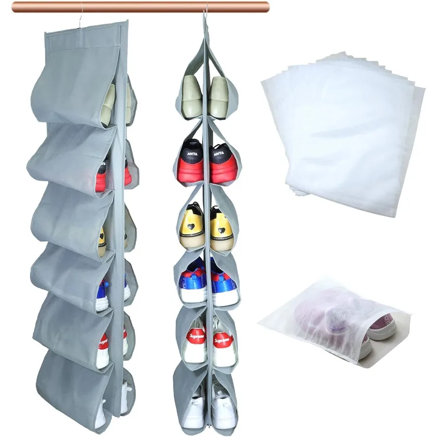 

2 Pack 12 Large Pockets Hanging Shoe Organizer for Closet with Roating Hanger for Storage Mens Shoes Clothes Also can used as T