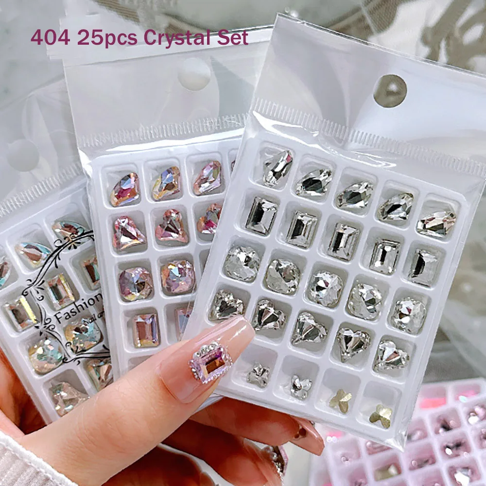 -Crystal Set- 25pcs Versatile Heart Glass Diamonds White Champagne Sharp Cutlet Jewels Rhinestones Nail Tips Gems Adornments 404