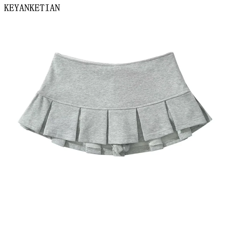 KEYANKETIAN Nieuwe dames badstof Lage taille Y2K minirok Brede plooi Decoratie Lichtgrijs Flounce A Line Skort Heet zoet