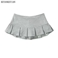 KEANKETIAN, nueva falda Y2K de cintura baja de tela Terry para mujer, decoración de pliegues anchos, falda acampanada con volantes de color gris claro, dulce caliente