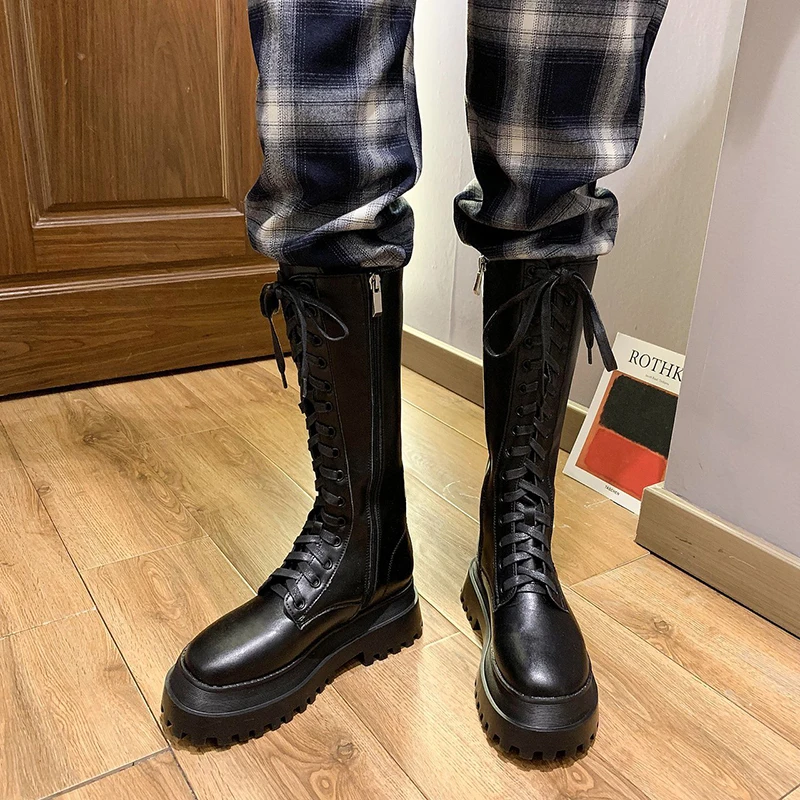 2025 Modische Chunky-Plateau-Motorradstiefel für Damen, Herbst-Winter PU-Leder Kniehohe Stiefel, Punk-Stil mit Dicker Sohle, Lange Botas – Detail 13