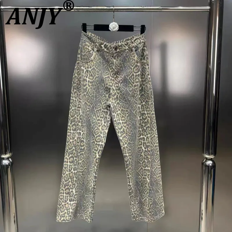 

ANJY Autumn New Women American Vintage Sexy Leopard Print Pattern Straight Jeans Chic Tide Slimming Streetwear Denim Pats A11074