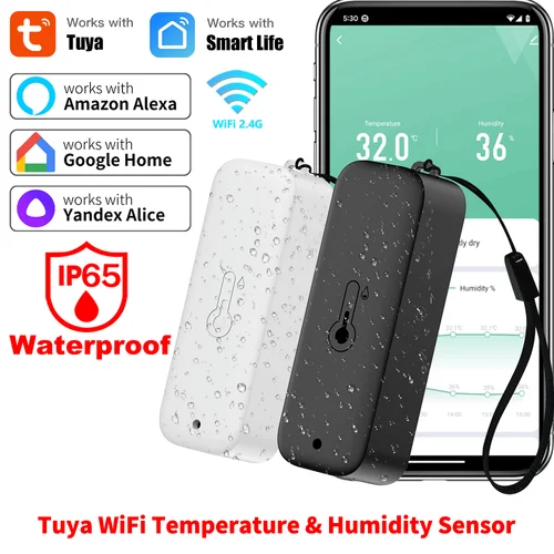 Imagen 1 del producto Tuya WiFi IP65 Sensor de temperatura y humedad termómetro impermeable Control remoto de vida inteligente funciona con el asistente de Google Alexa