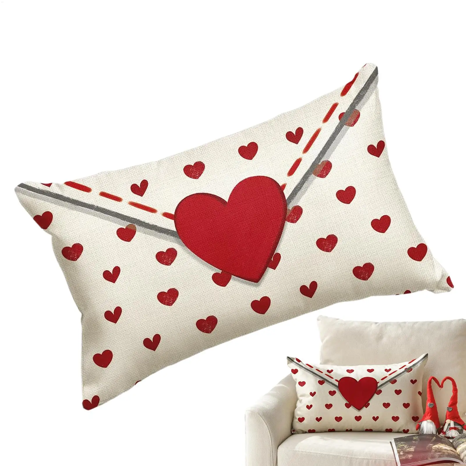Red White Valentine Envelope Pillow Case Double-Sided Holiday Print Decorative Cushion Cover, Winter Home Couch Decor, 1PC