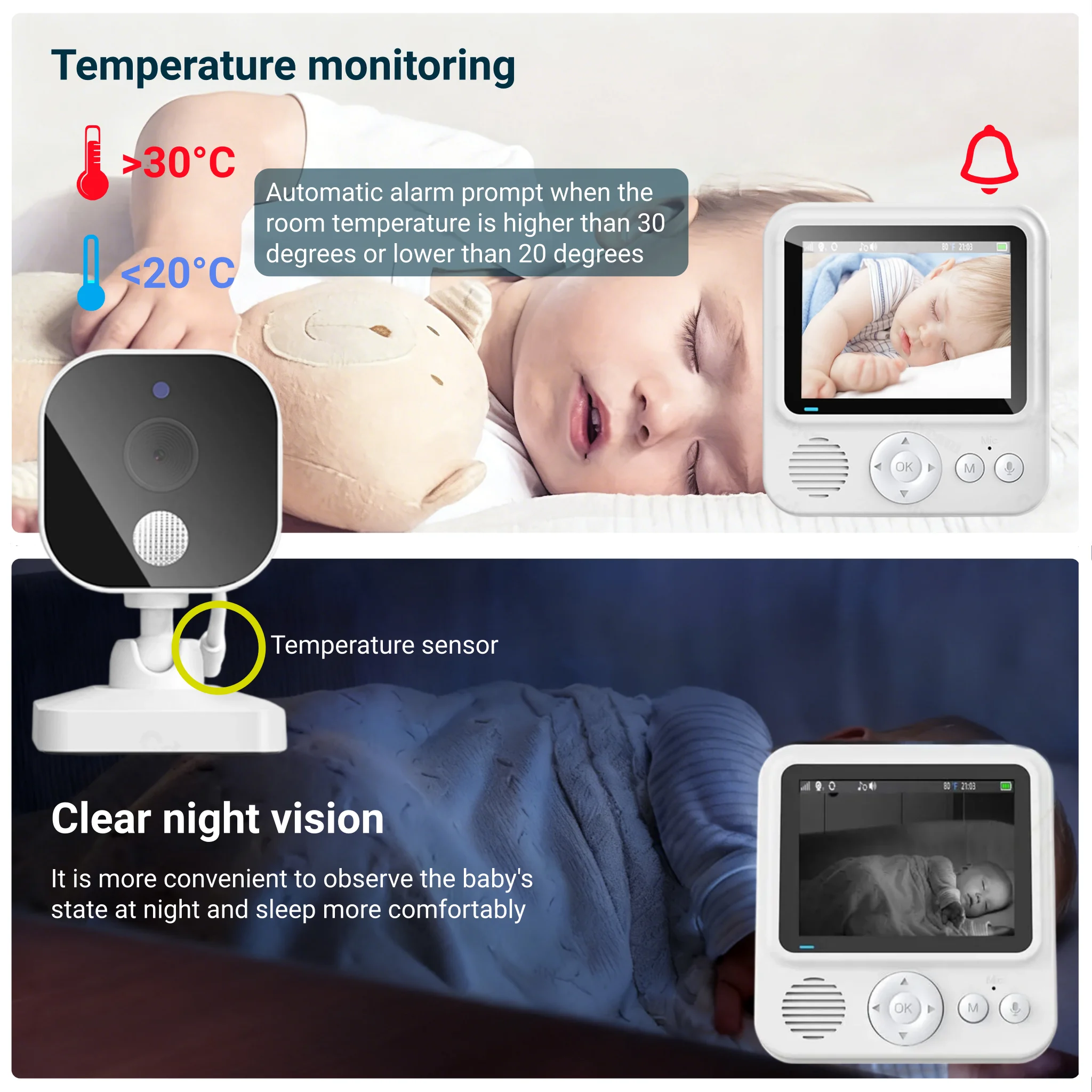 Monitor de bebê sem fio, 2.8 polegadas, vídeo hd, visão noturna, monitoramento de temperatura, áudio bidirecional, lembrete de temporização, câmera de segurança