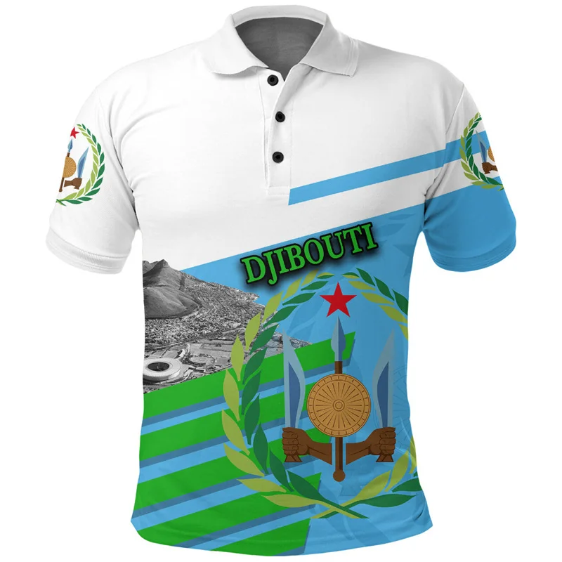3D Printed Djibouti Flag Map Polo Shirt The RepublicOf Djibouti Coat Of Arms Graphic Polo T Shirt Vintage Mens Clothing Polos