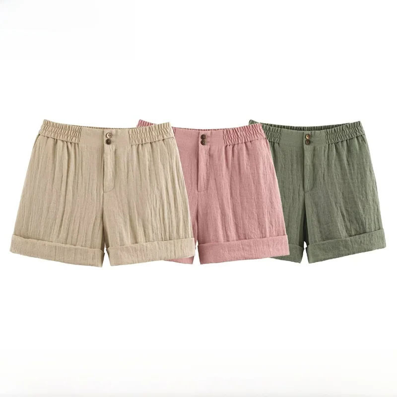 Fashionable Casual Short Pants High Waist Button Polyester Fiber Ladies Summer New Arrival Shorts with Cuffed Hem