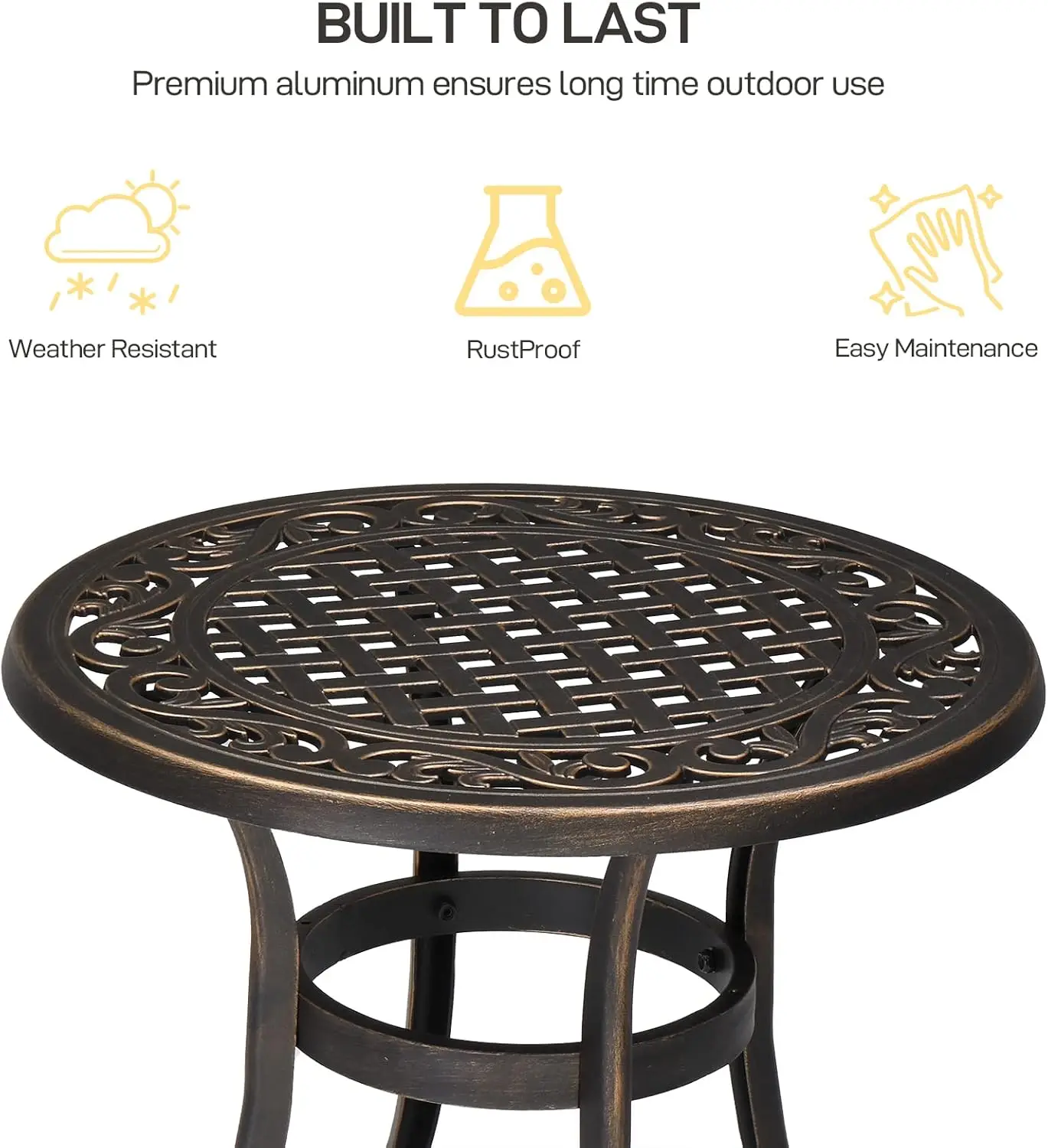 طاولة جانبية خارجية من الألومنيوم المصبوب مقاس 24 بوصة، طاولة قهوة مستديرة لجميع الأحوال الجوية، طاولة الشرفة، طاولة بيسترو خارجية #5