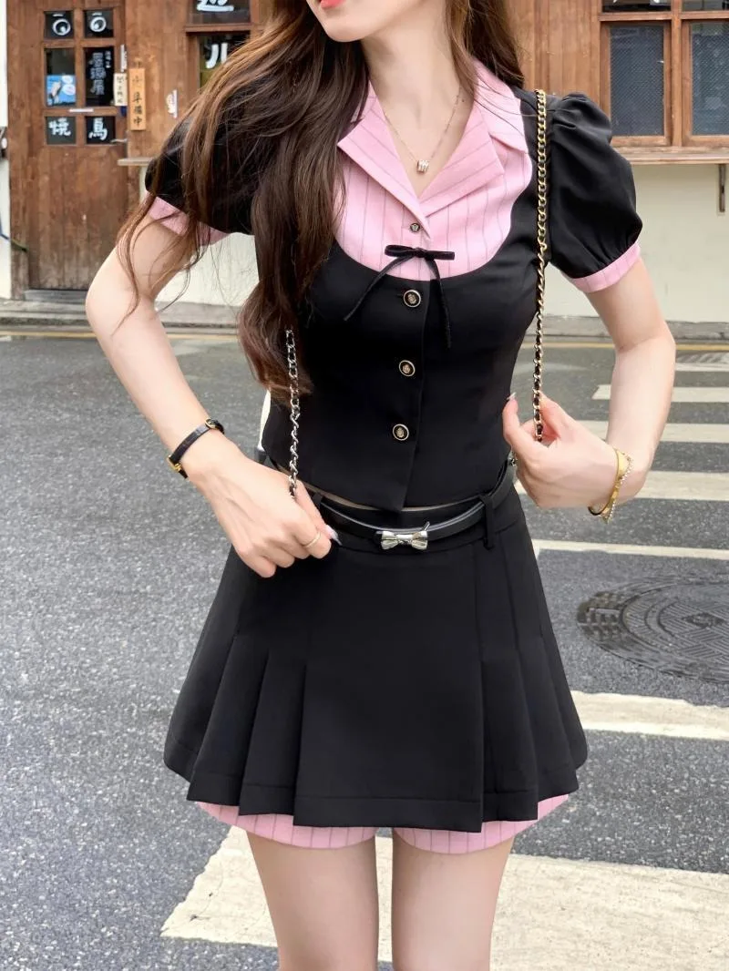 

Gentle Sweet College Polo Neck Stripe Contrast Color Shirt Pleated Skirt Two Piece Set Women Bow Single Breasted Slim Summer Set