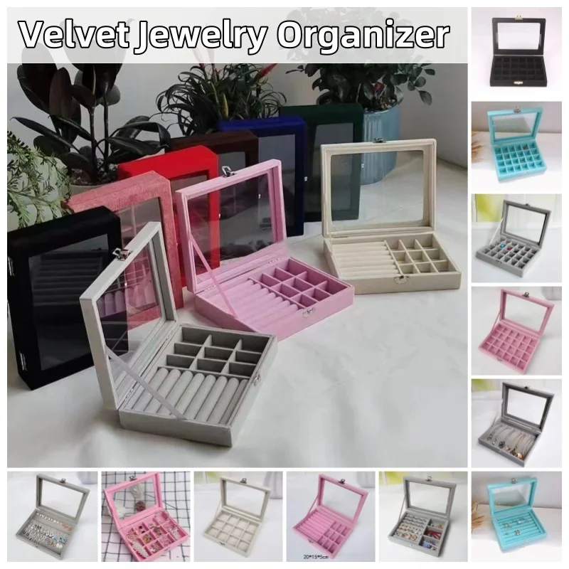 Dustproof Velvet Jóias Organizador com Tampa De Vidro, Flocagem Caixa De Armazenamento para Anel, Brincos, Colar, Pulseira Case, Vários Estilos
