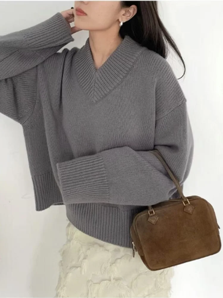 เสื้อสเวตเตอร์แคชเมียร์ผู้หญิง คอวี แขนสั้น ผ้าหนา สำหรับฤดูใบไม้ร่วงและฤดูหนาว ถักแบบหลวม สไตล์ลำลอง