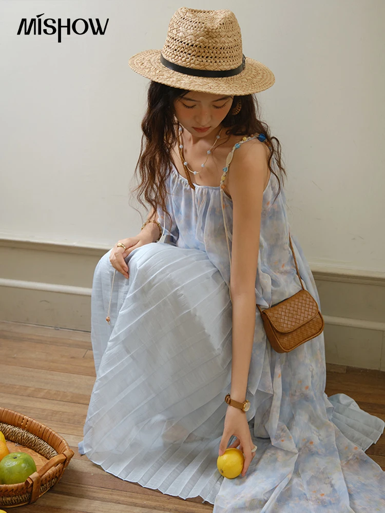 Mishow moda impressão cinta vestido para mulher 2025 verão nova multi camada plissado borda emenda sem mangas midi vestidos mxe35l2233