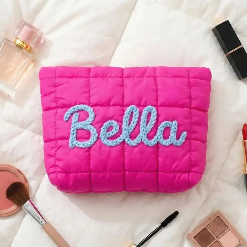 Custom Embroidered Puffer Toiletry Bag, Personalized Quilted Cosmetic Case, Travel Makeup Organizer, Bridal Party Gift & Mothers