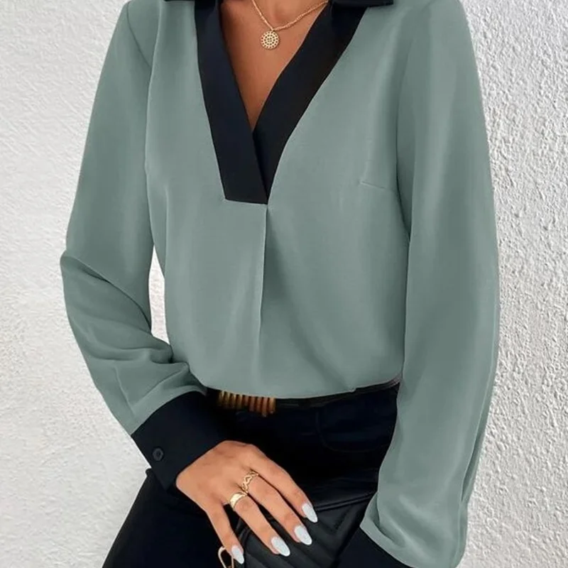 2023 New Women\'s Clothing Summer V-Neck Long Sleeve Loose Thin Commuter Fashion Casual Commute Contrast Color Modern Shirt