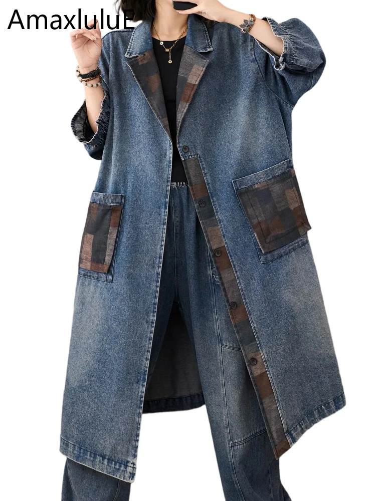 

Amax LuluE 2025 Fall Ladies Classic Oversized Plaid Denim Trench Womens Vintage Leisure Long Clothes Fashion Loose Windbreakers