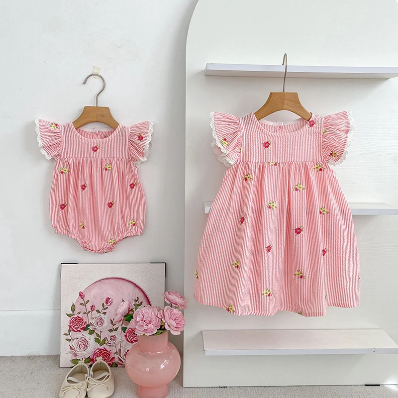 2026 Sommer 0-24M Baby Mädchen Flügelärmel Baumwolle Stickerei Baby Body 2-6 Jahre Süße Partykleider Schwesterkleidung – Detail 15