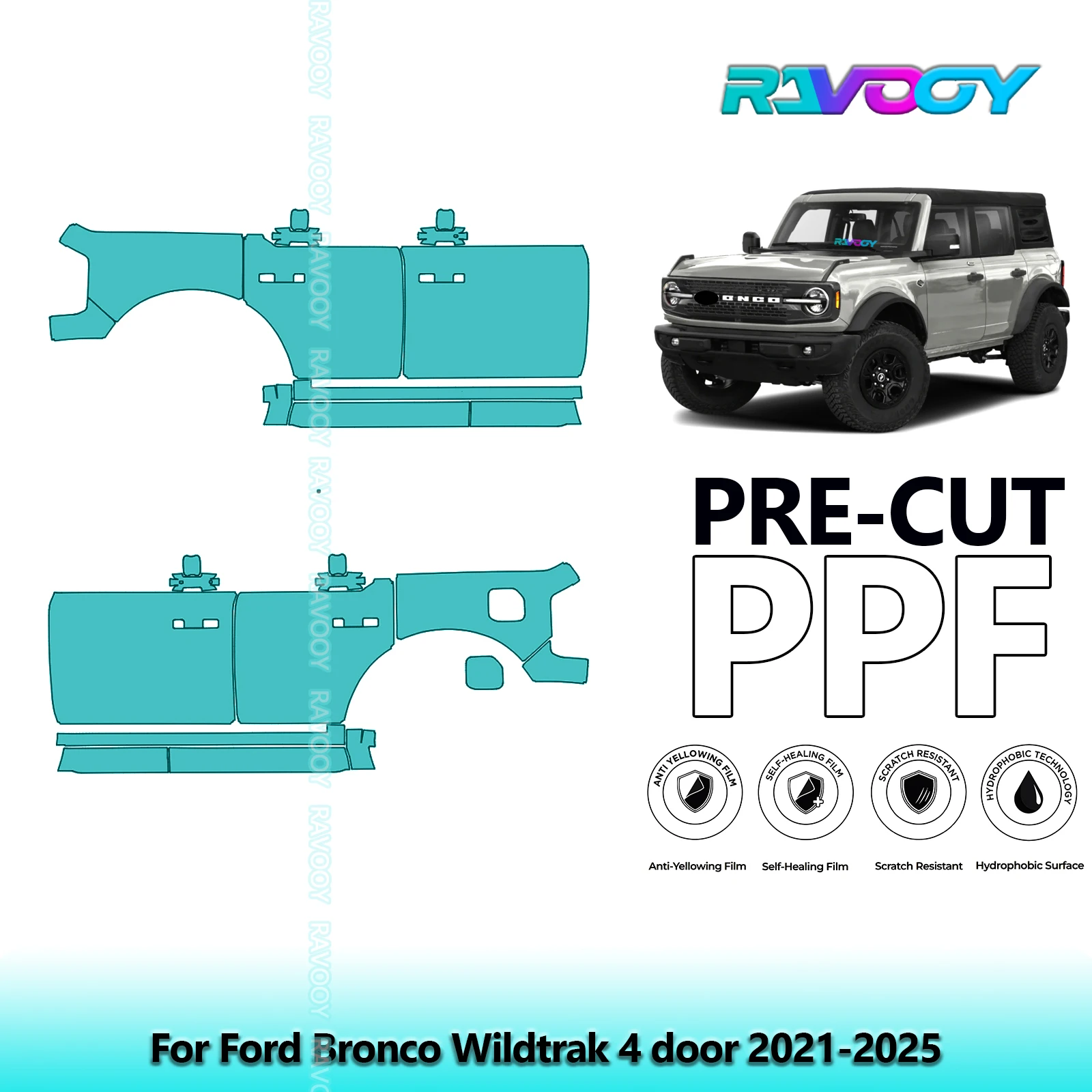 

For Ford Bronco Wildtrak 4 door 2021-2025 8.5mil Clear Matte Pre-Cut PPF Door & A/B Pillar Kit TPU Paint Protection Film Set