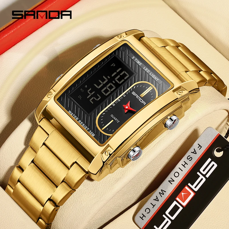 

SANDA Luxury Business Men Watches Square Stainless Steel Quartz Wristwatch LED Luminous Digital Sport Clock Relogio Masculino