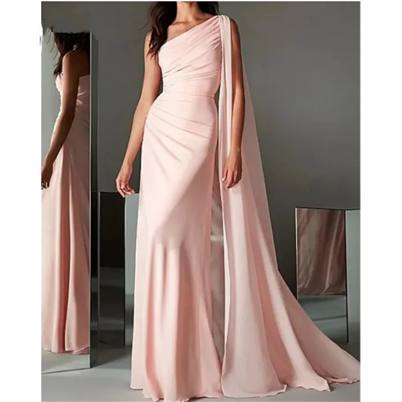 Aleeshuo Elegant Pink One Shoulder Prom Dresses With Cape Mermaid Evening Dress Sleeveless Formal Occasions Vestido De Noche