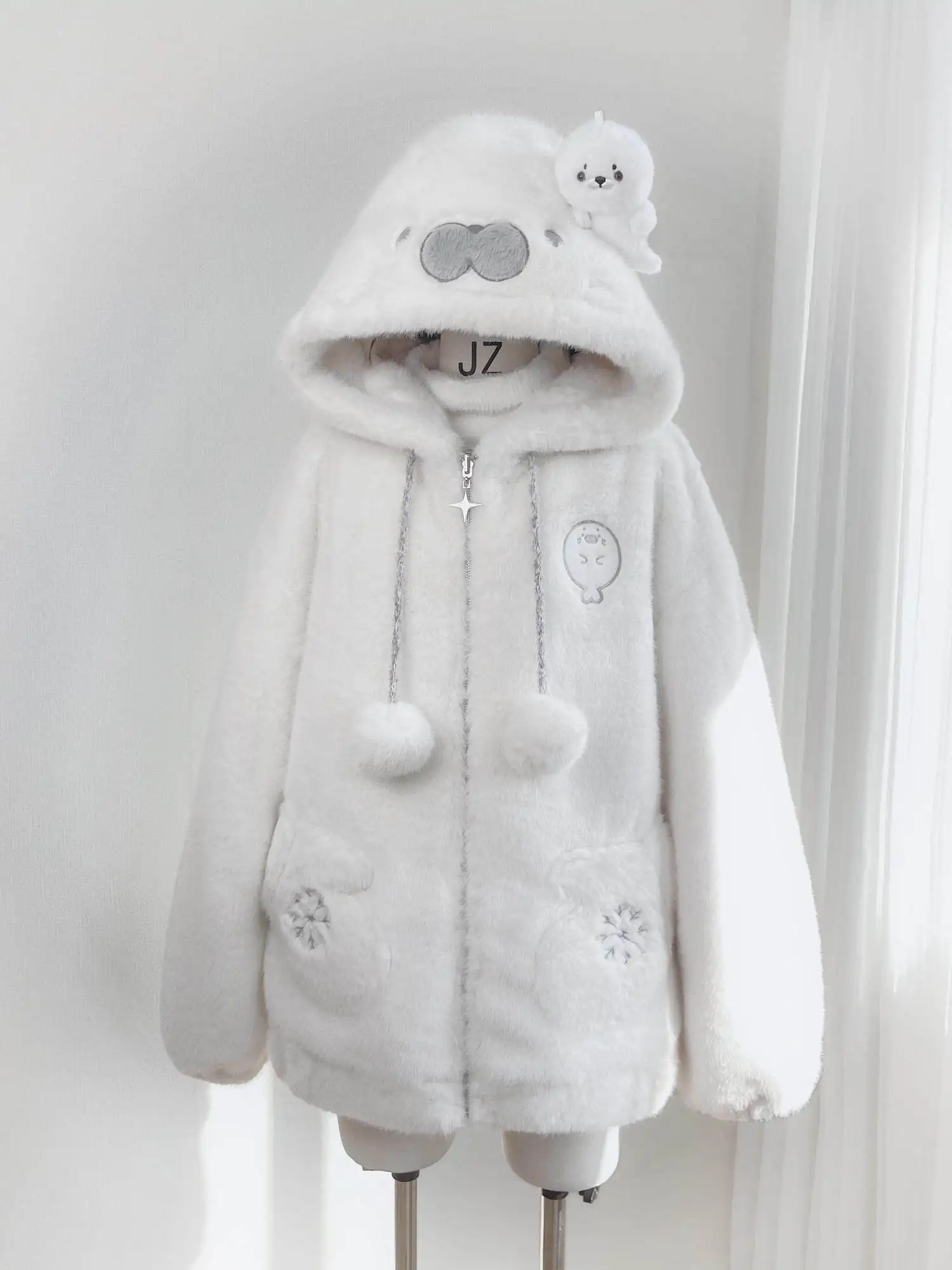

Japan Embroidered Three-Dimensional Cute Little Seal Lamb Wool Coat For Women Winter Plus Velvet Warm Furry Hooded Cotton Coat