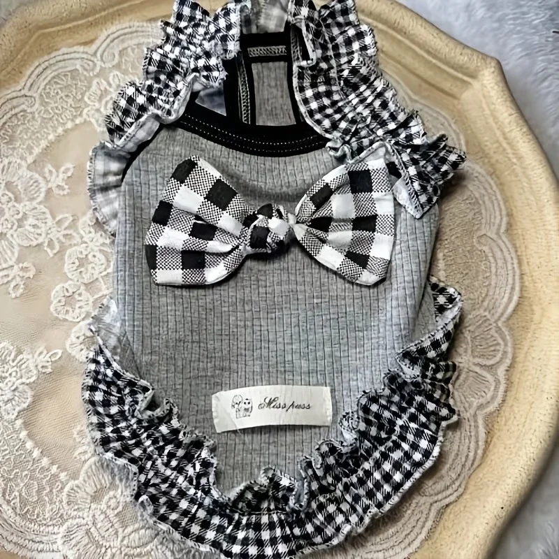Plaid Bow Pet Tank Top, Cute Ruffle Dog Cat Vest, Breathable Summer Clothes for Small Pets