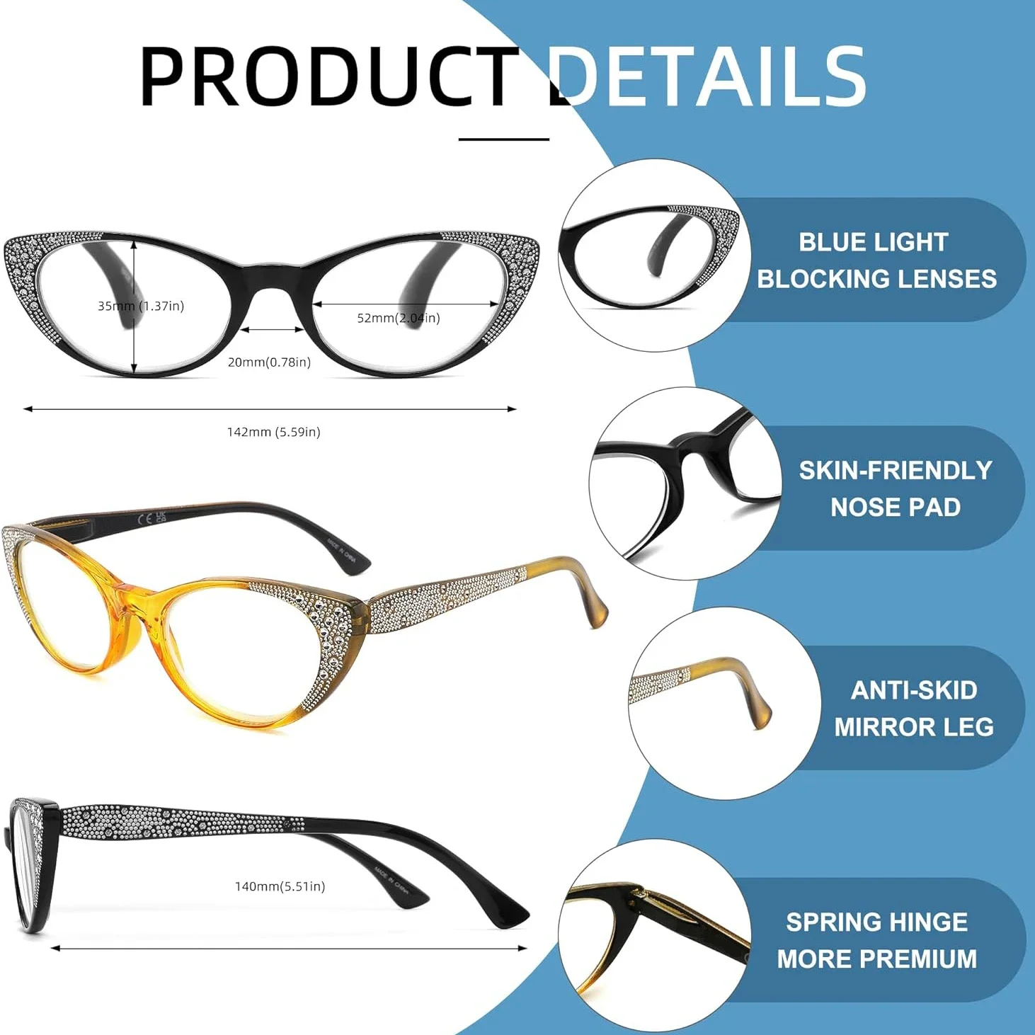 NONOR Women\'s Retro Multicolor Diamond Cat Eye Reading Glasses Anti-blue Light Diopter+175 +225 +275 Stylish Eyewear