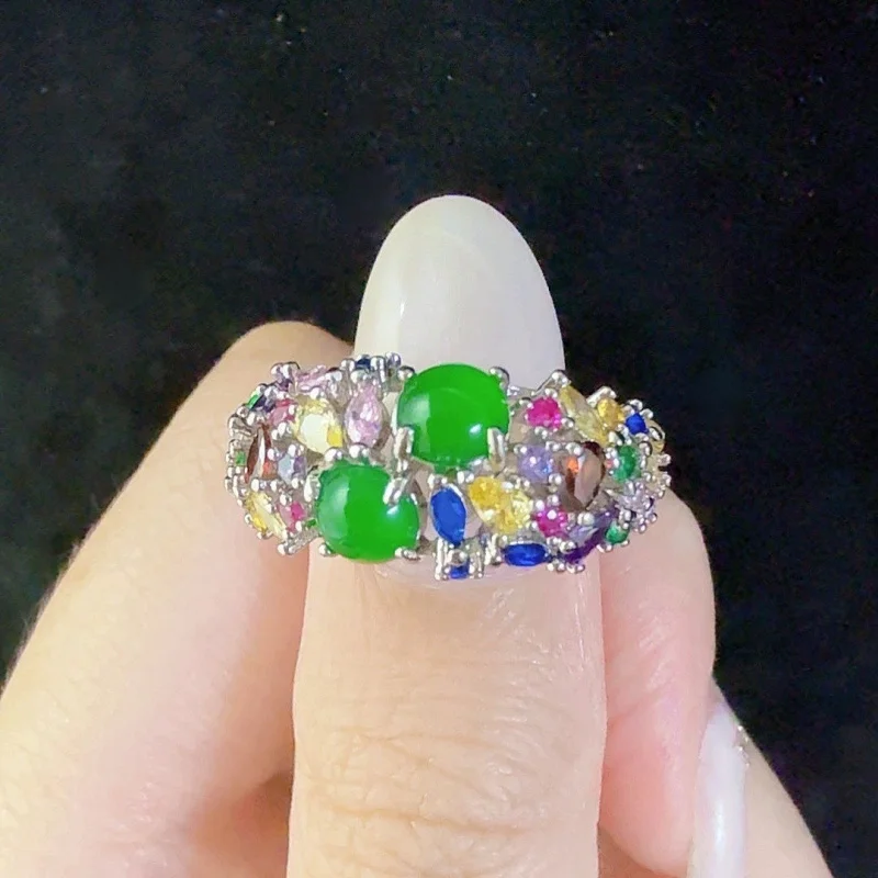 

Genuine jadeite ring for women, natural A-grade jadeite, ice jade, bright green, new Chinese style, popular on live streaming, w