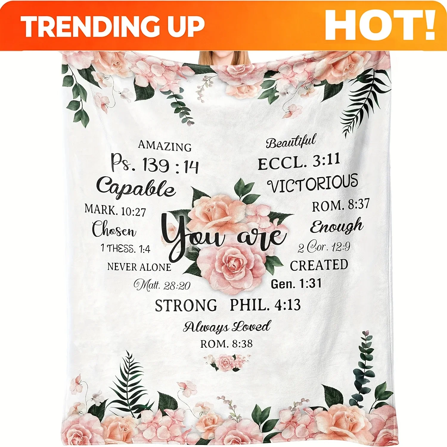 Customization Inspirational Christian Verses Throw Blanket - Soft Flannel Fleece, Vintage Floral Design With Knitted Weave, 100%