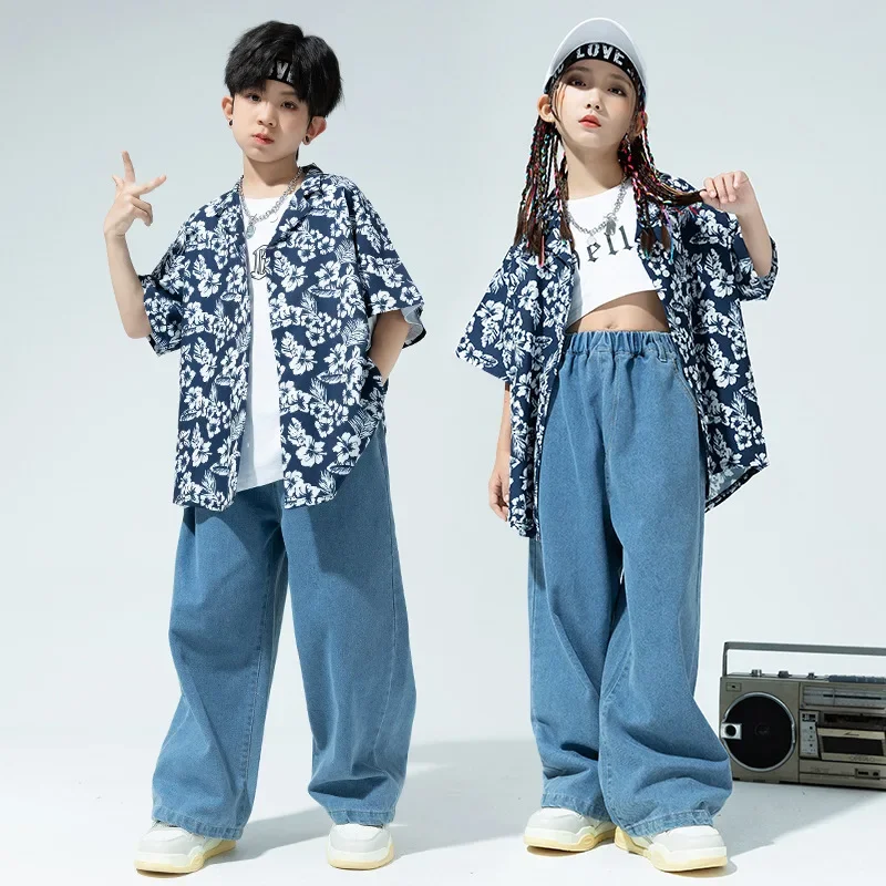 

Kids Hip Hop Jazz Performance Clothes Sets Vintage Short Sleeve Floral Print Shirt + Jeans Teen Boys Girls Street Dance Costumes