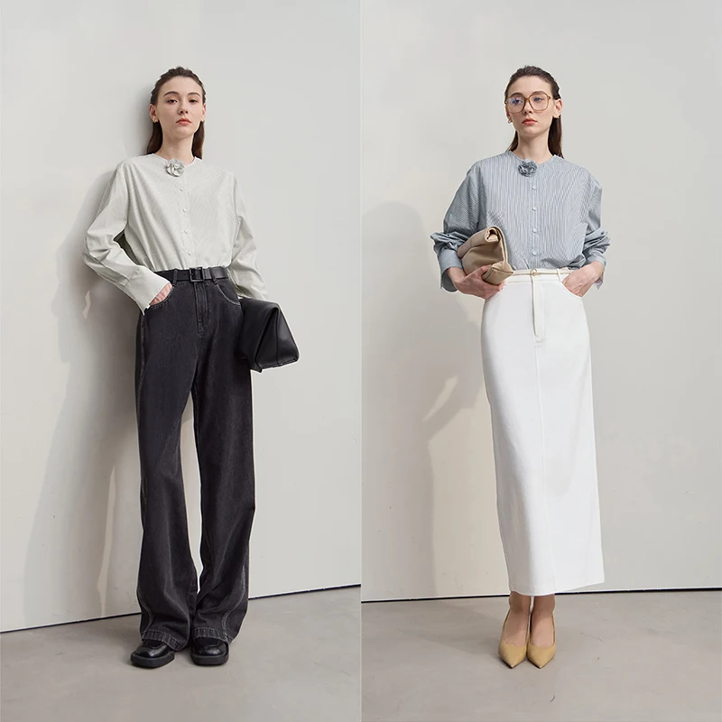 AMII 여성 셔츠 2025 가을 신상품 입체 장식 코튼 O넥 스트라이프 블라우스 루즈핏 탑 12543171