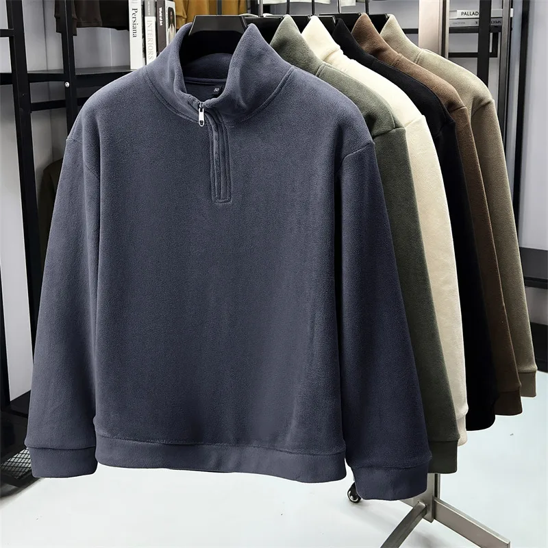 بلوفر رجالي أنيق بنصف سحاب وياقة واقفة من المخمل عالي الجودة مريح للخريف والشتاء الدافئ بلون سادة سترة جديدة غير رسمية #6