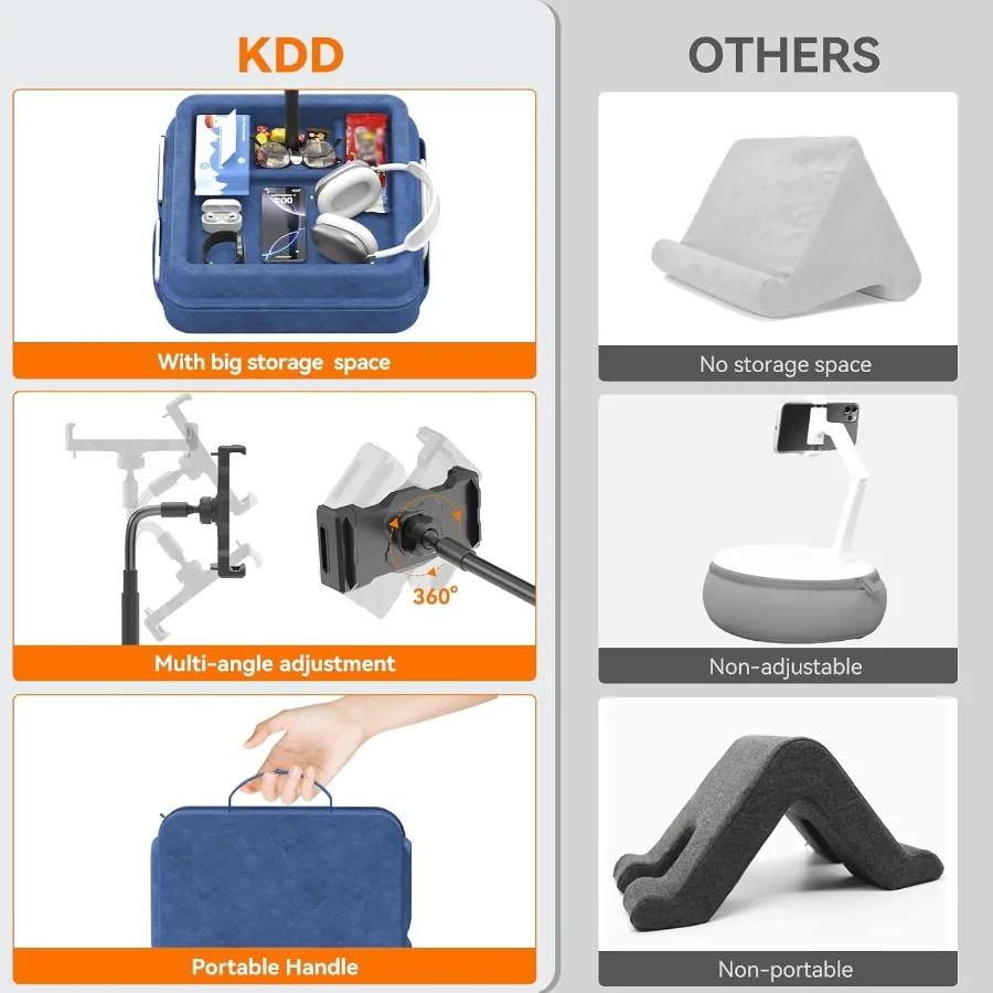 KDDタブレットピローホルダー360度調整可能iPadピロースタンド、膝上、ベッド、デスク用、グースネックタブレットソフトパッドドック、収納トレイ付き