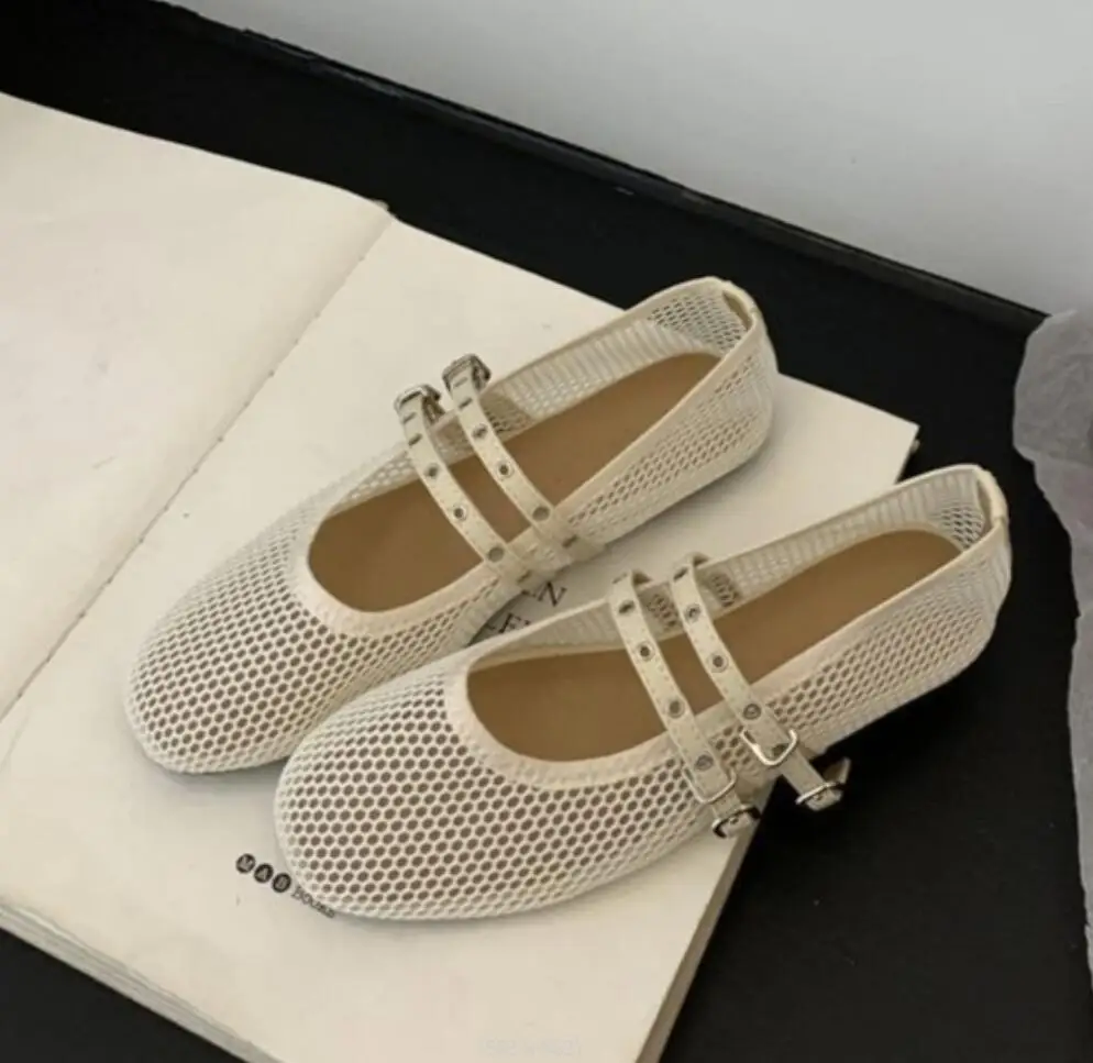 2026 New Hollow Mesh Women's Flat Ballet Shoes Soft Soled Dance Shoe Casual Fashion Designer Versatile Breathable Fishnet Sandal
