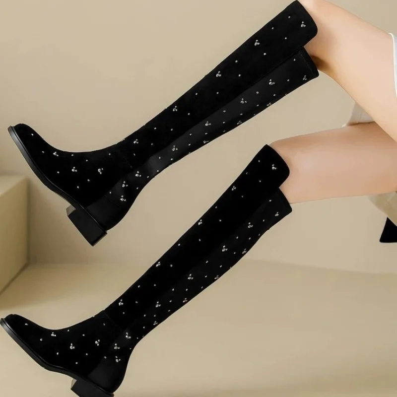 

Сапоги выше колена на плоской подошве, эластичные женские зимние новые сапоги до бедра на блочном каблуке