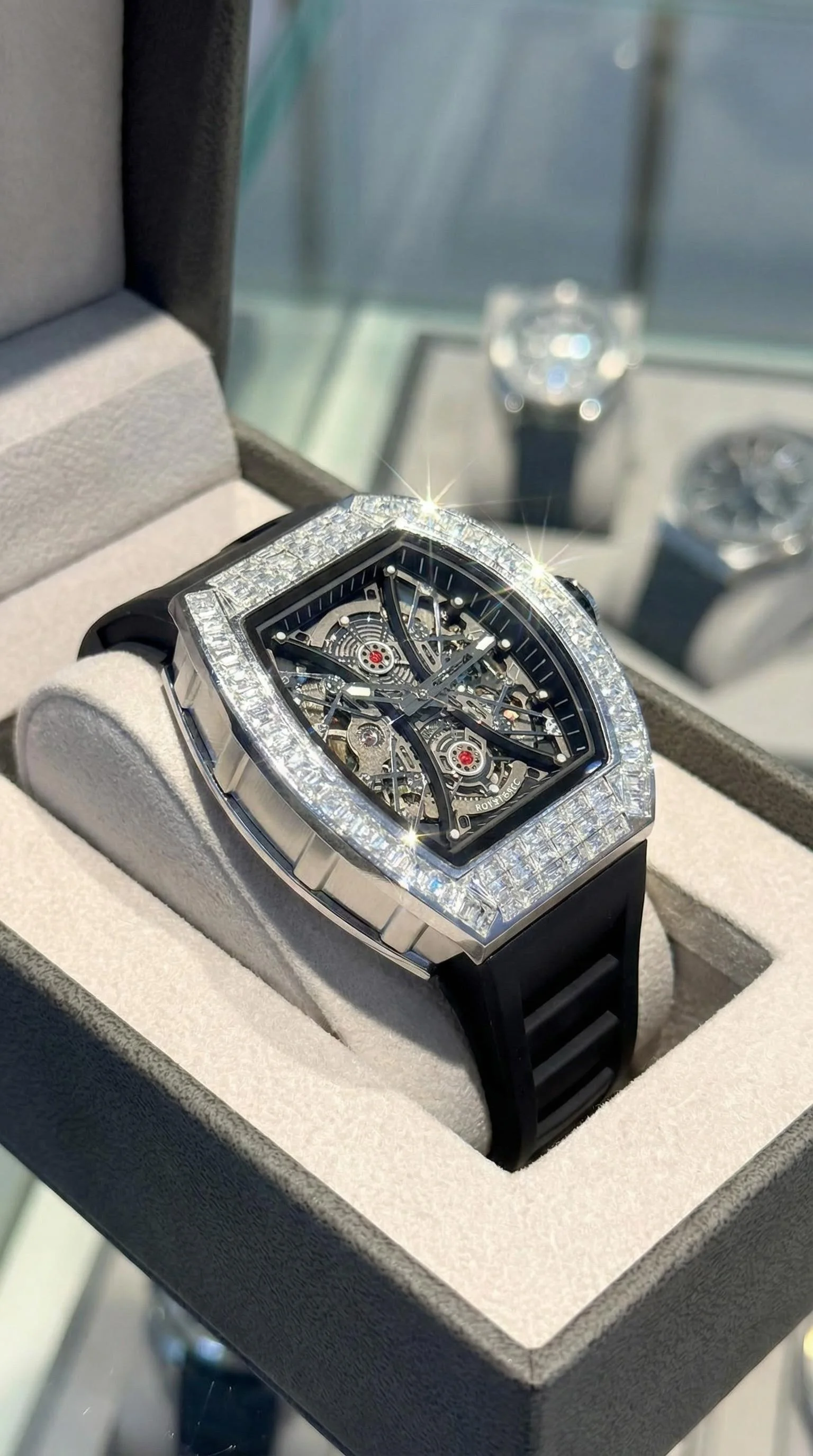 High end minimalist men's mechanical watch with hollowed out movement, sparkling inlaid bezel, eternal all white luxury business