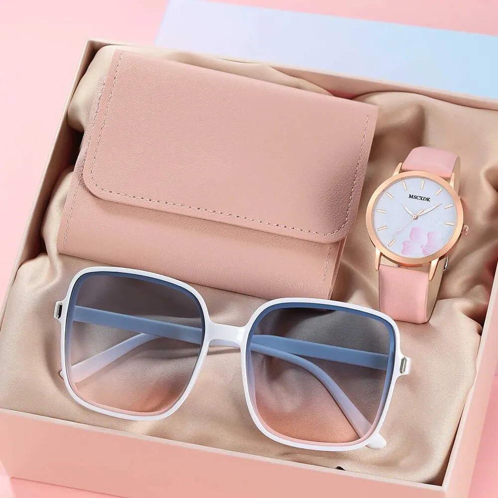 3PCS Set Women Casual Leather Watches Quartz Wristwatches & Ladies Simple Wallet Glasses Sunglasses Clock Montre Femme