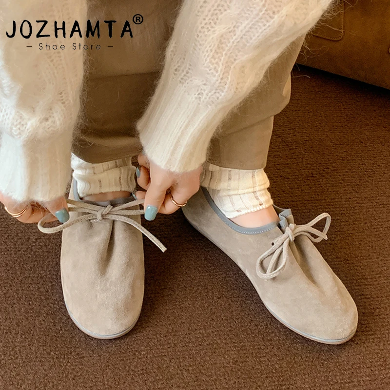 JOZHAMTA Size 34-40 Women Casual Loafers Shoes Real Leather Soft Comfort Low Heels Shoes Lace-Up Classic 2025 Office Daily Dress