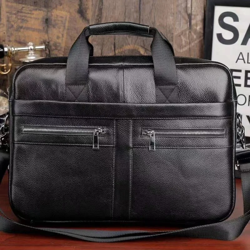Borsa a mano in vera pelle Strato superiore in pelle bovina Valigetta da lavoro impermeabile Documento per riunioni di grande capacità Borsa per computer da 15 pollici