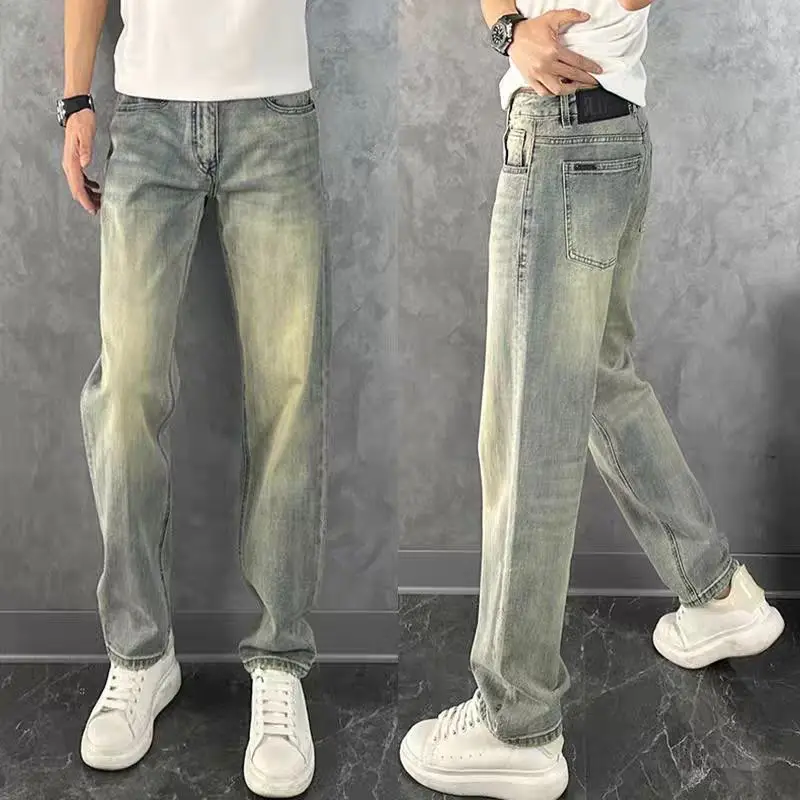 

Ультратонкие мужские джинсы летние, дышащие, с эффектом окрашивания желтой глиной, в американском стиле, повседневные, молодежные, модные, длинные брюки