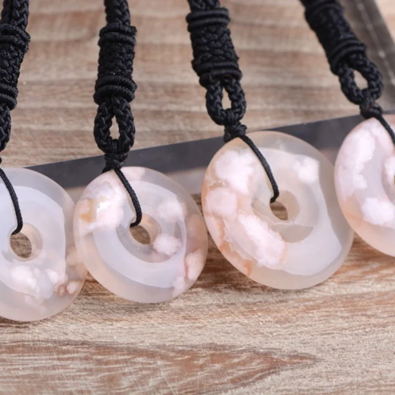 Natural Cherry Blossom Agate Pendant Safety Buckle, Ocean Chalcedony Safety Buckle Pendant Men's and Women's Jewelry