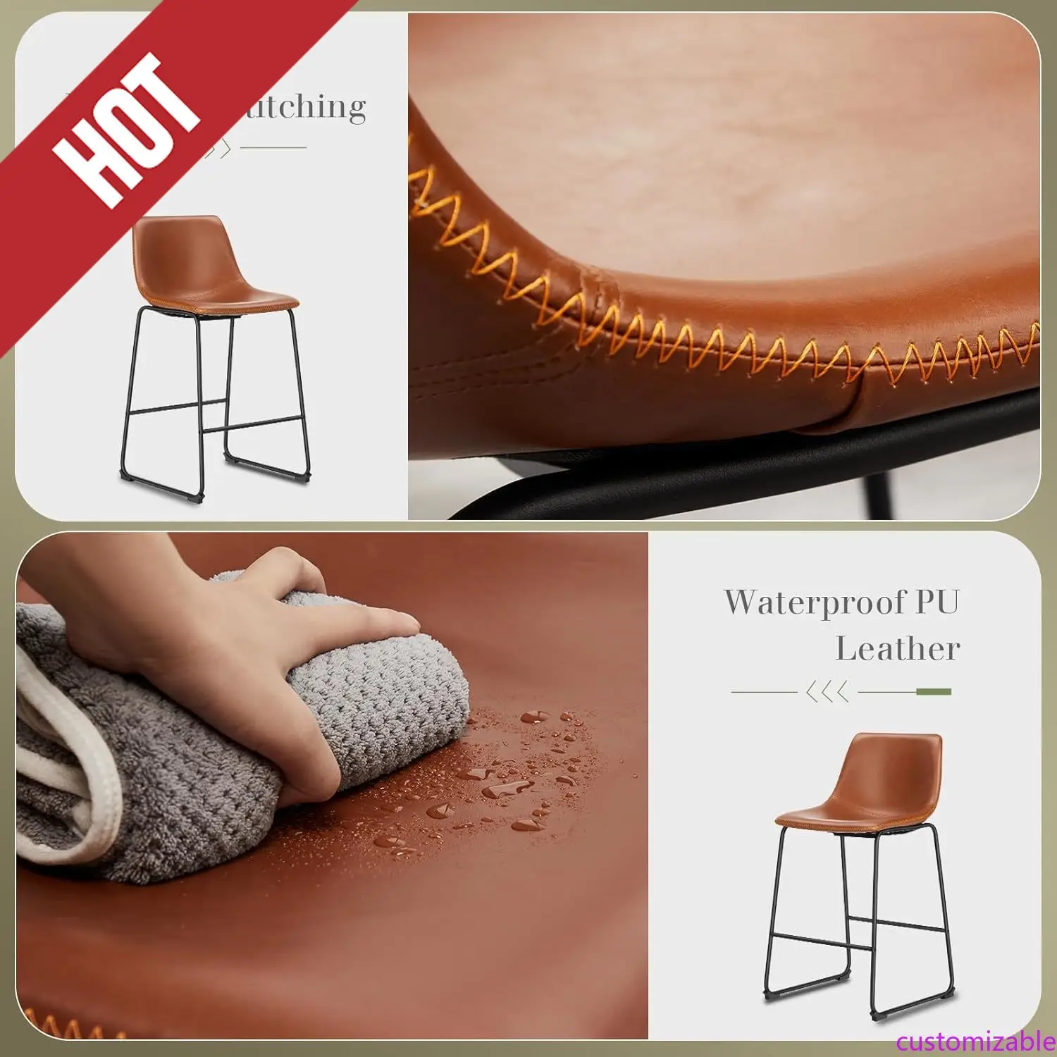 

Customizable 26 Inch Counter Height Bar Stools Set Of 4, Modern Faux Leather High Barstools, Bar Chairs For Kitchen Lsland, Brow