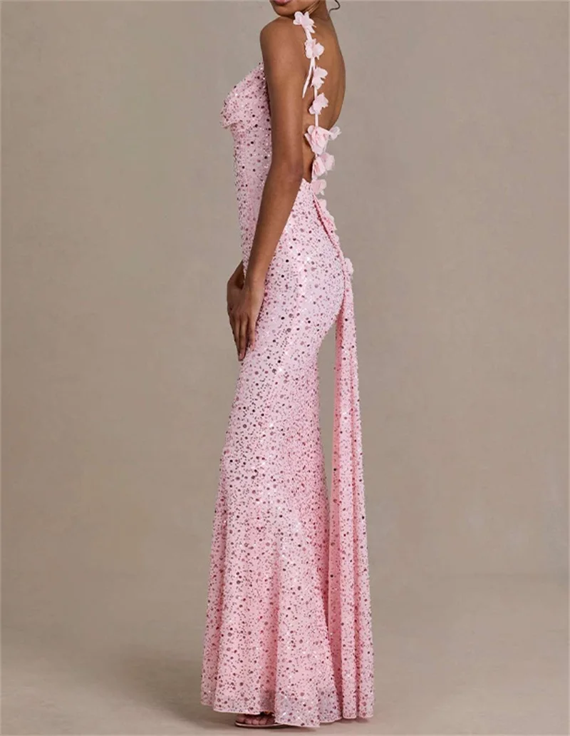 

Pink Sequins Prom Dress Sexy Stripe Sleeveless Backless Long Sheath Party Gown Flower Formal Wedding Guest Birthday Robe