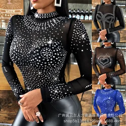 Women Tops Sexy Top Slim Fit Sheath Round Neck Full Sleeve Elegant Splice Tight Waist Tees Hot Drilling T Shirts Summer 2026