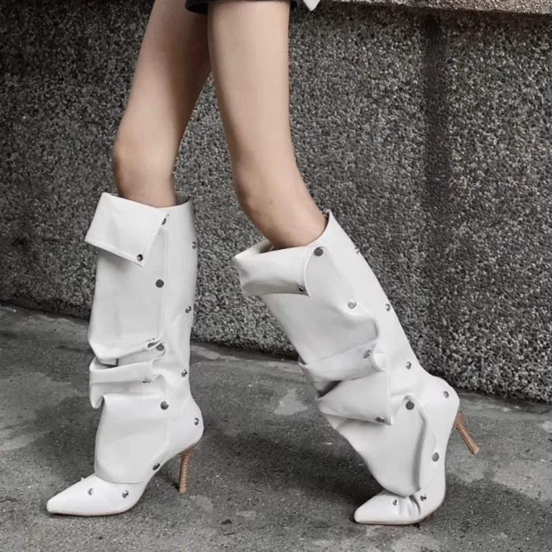 

Punk Style Womens Shoes New Exquisite Stack Knee High Boots for Woman Elegant Rivet High Heeled Boots Designer Shoes Botas Mujer