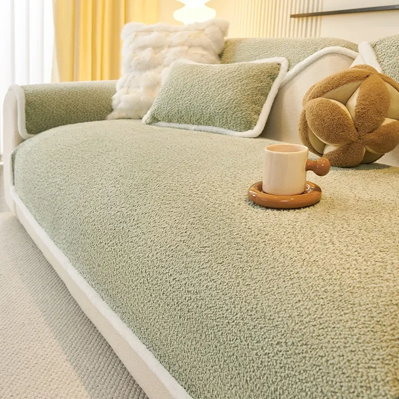

Modern Sofa Towel Solid Color Sofa Covers for Living Room Winter Anti-slip Chenille Couch Cover Thicken Plush Edge Couch Pad