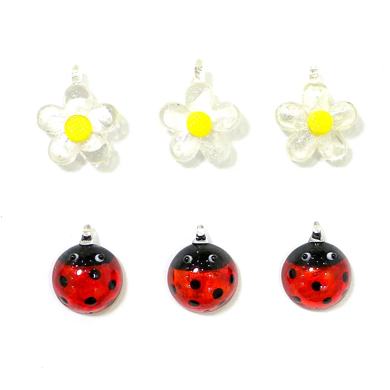 6pcs New Cute Tiny Flower Ladybug Charm Glass Pendant Easter Ornament Silver Foil Fashion DIY Women's Jewelry Making Accessories