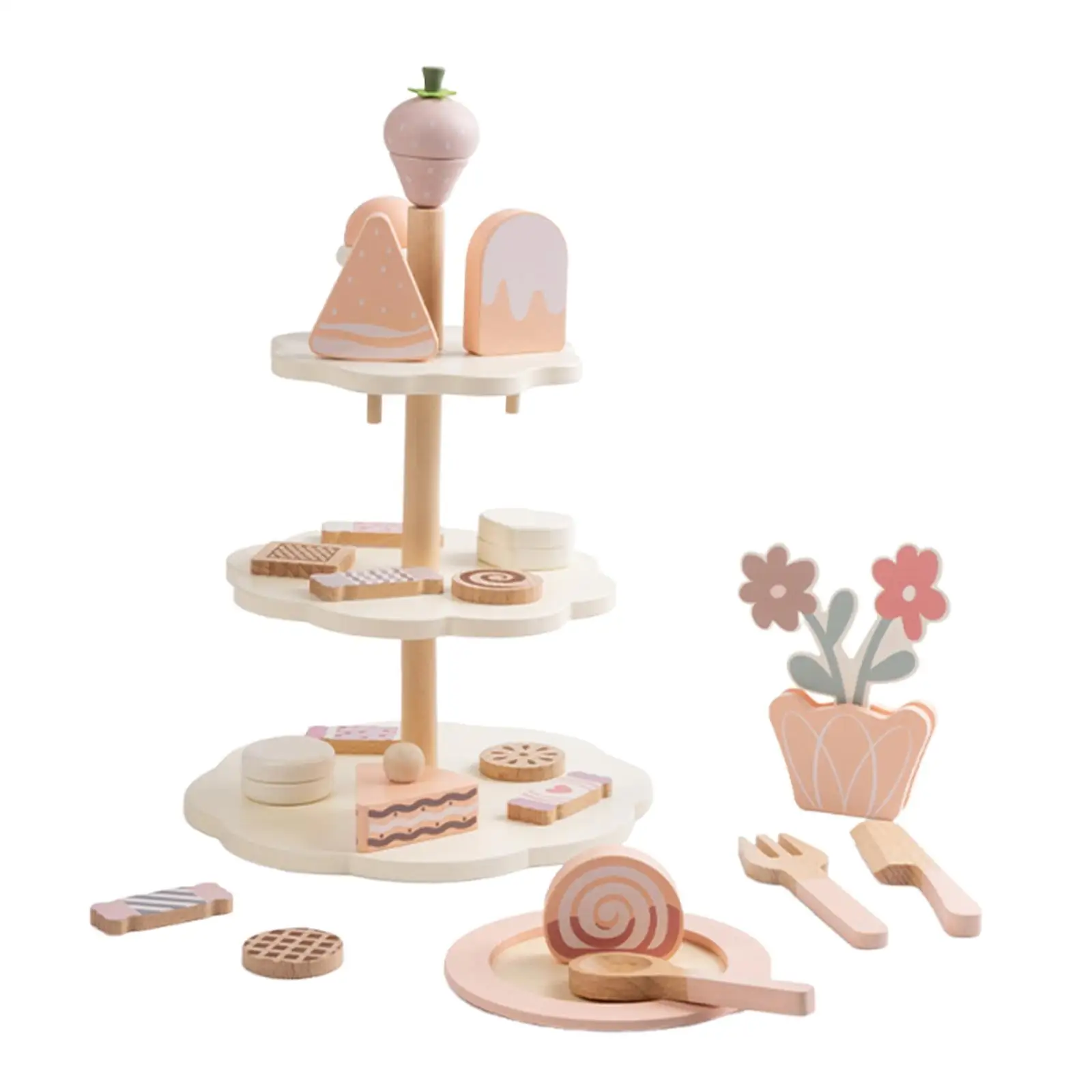 Ensemble de fête à thé en bois, jeu interactif avec support à cupcakes et desserts alimentaires, accessoires de cuisine pour petites filles et enfants
