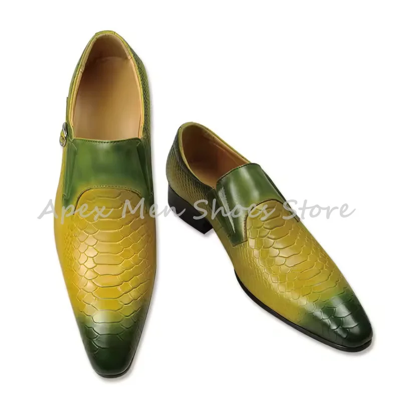 Mocasines de piel de serpiente de diseñador amarillo y verde, zapatos formales de tacón bajo con hebilla degradada y punta estrecha, zapatos Oxford diarios para trabajo